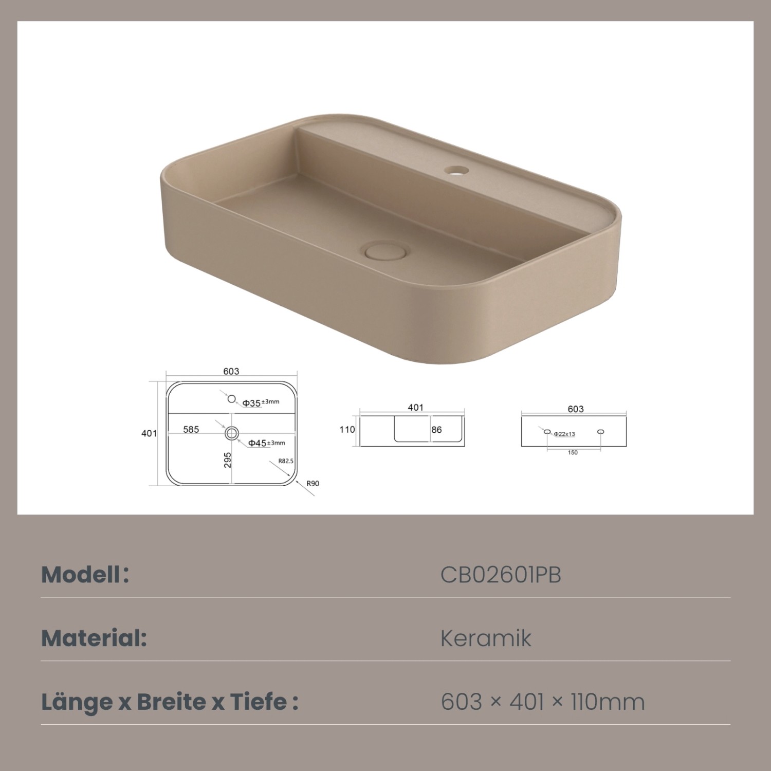 Mattbeiges, rechteckiges Emke Aufsatzwaschbecken aus Keramik, 60x40 cm, mit abgerundeten Ecken.