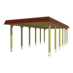Skan Holz Walmdach-Carport Spreewald, Holzkonstruktion mit roter Blende und Aluminiumplatten.