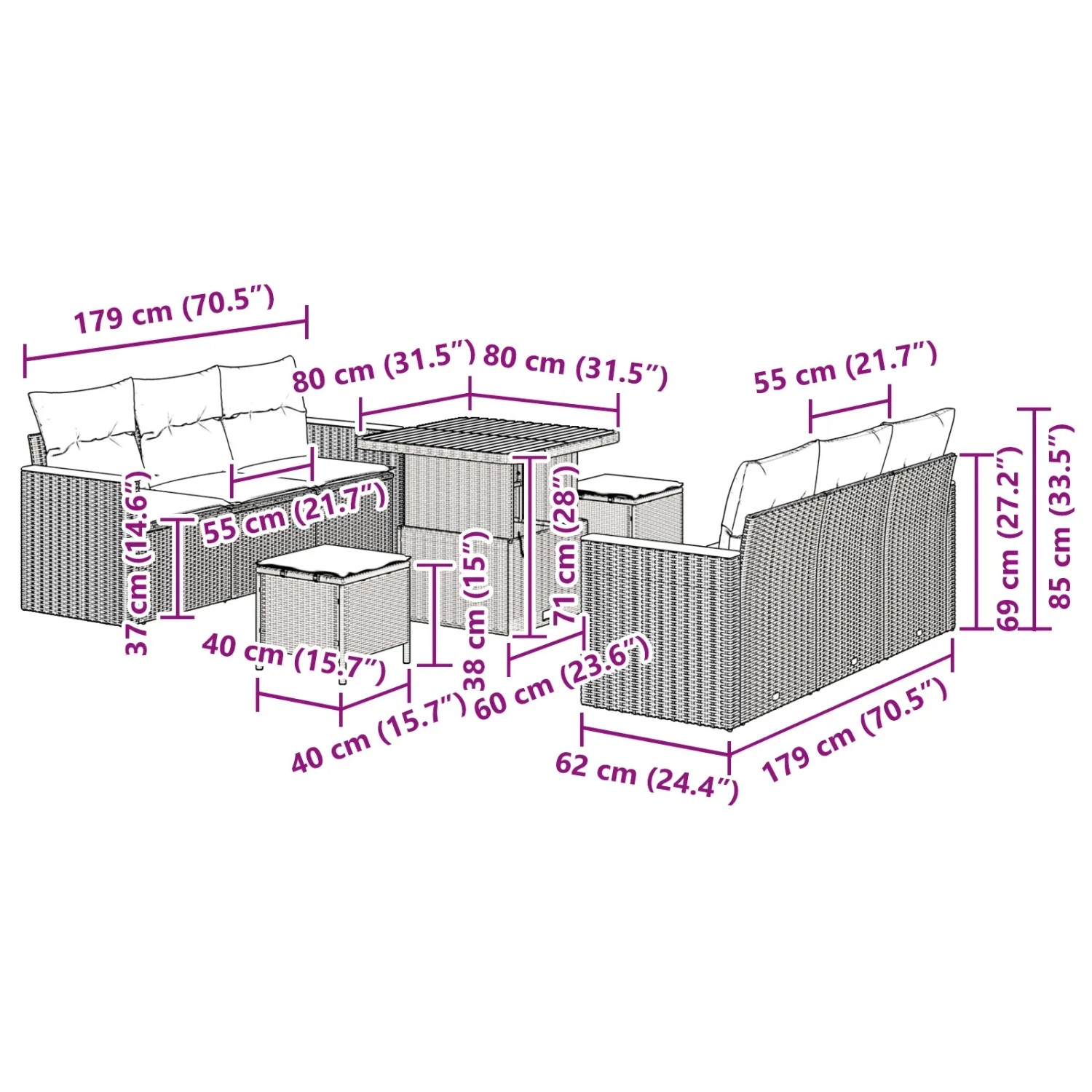 Graues 9-teiliges vidaXL Garten-Sofa-Set aus Polyrattan mit Kissen und Tisch. Abmessungen sind eingezeichnet.
