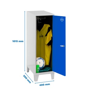 Blau-grauer PROREGAL Schließfachwürfel AMEGO mit offener Tür, inklusive Inhalt.