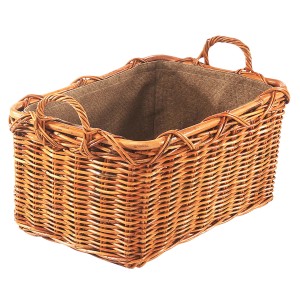 Rechteckige Kobolo Holztrage aus Rattan mit Leineneinsatz und Tragegriffen.