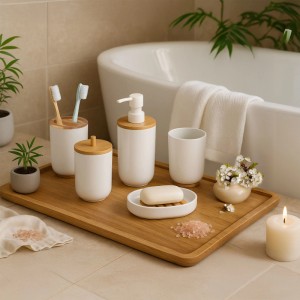 Relaxdays Badezimmerset Kunststoff Bambus Weiß 7-teilig