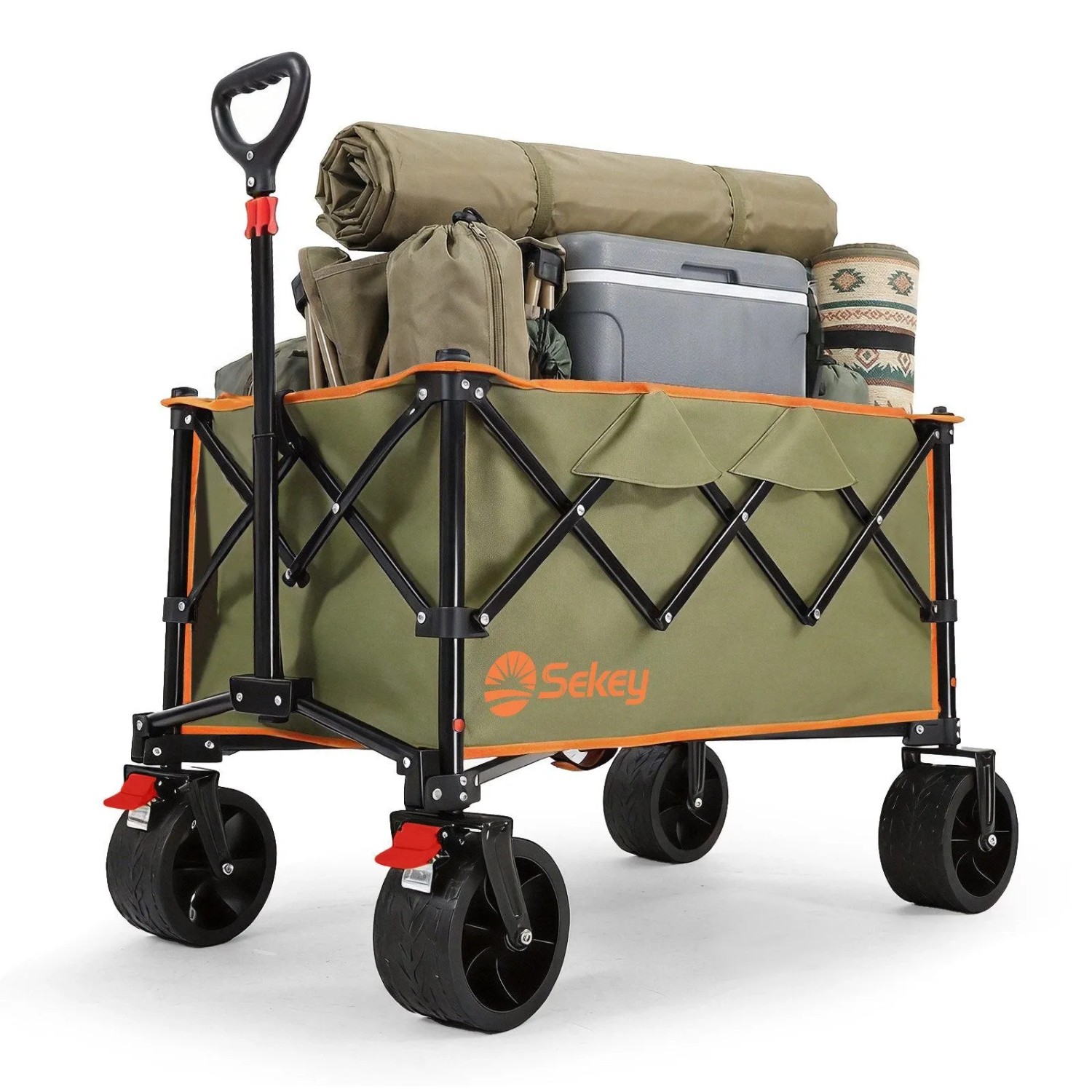 Sekey Campingwagen Faltbar Bollerwagen mit Breiten Reifen 150KG 135L Olivgrün