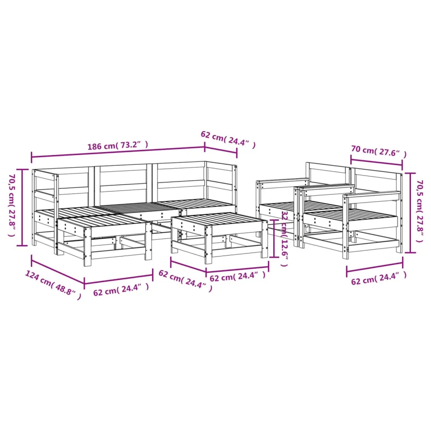 vidaXL 7-tlg. Garten-Lounge-Set, weißes Kiefernholz, bestehend aus Sofa, Sesseln und Hockern. Gartenmöbel für Terrasse und Balkon.