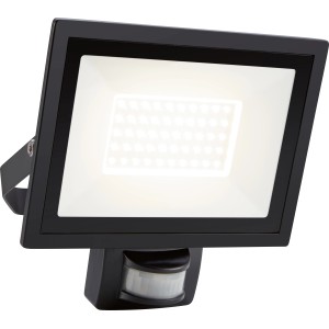 Schwarzer LED-Außenstrahler mit Sensor, 50W, 4250lm für Garten & Hof.