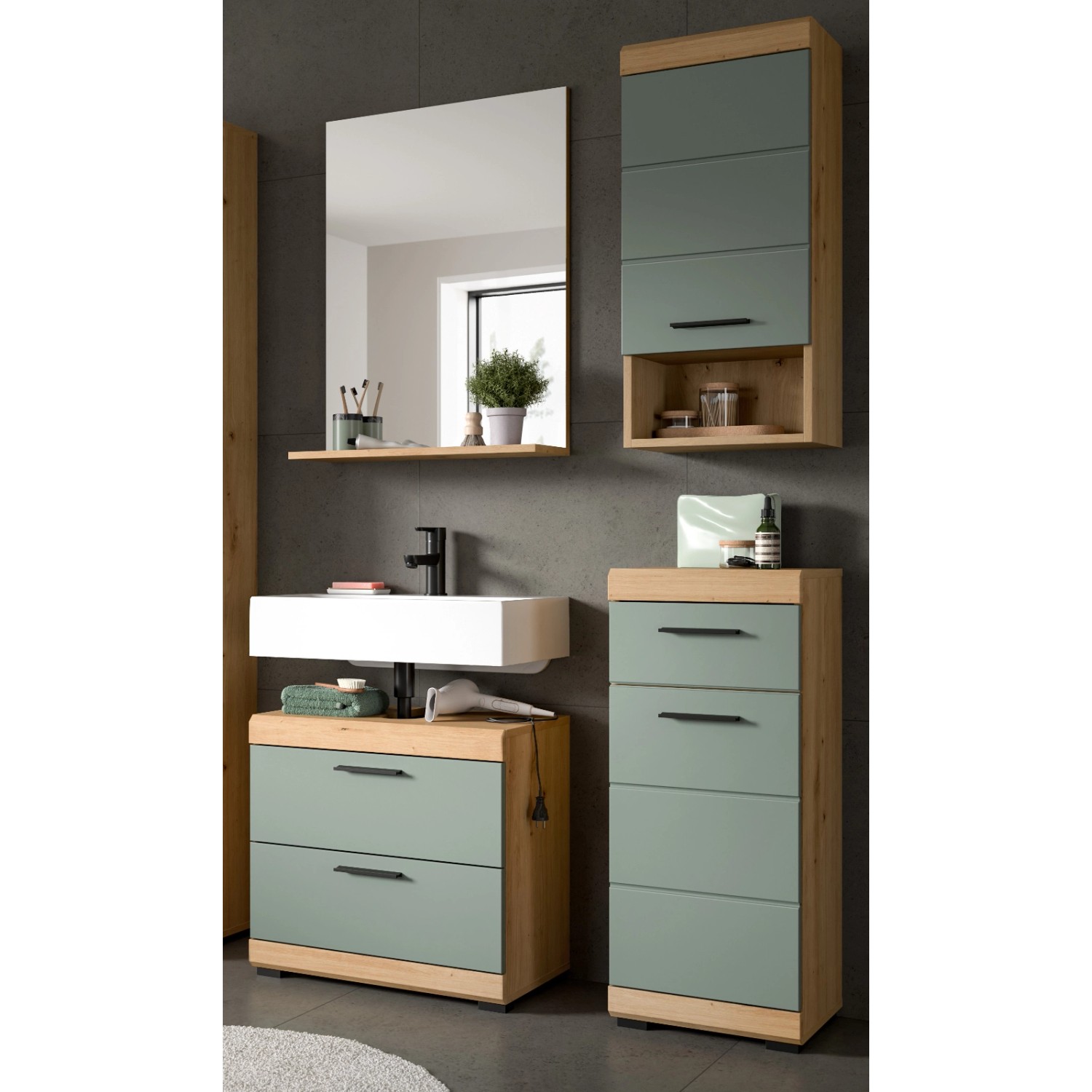 Inn.Furn Badmöbel-Set in Grün und Eiche 4-teilig Shawn günstig online kaufen