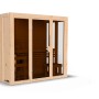 Karibu Sauna Vaira 2 mit Ganzglasfront, naturbelassen. Massivholzsauna mit Glastür und Bänken.