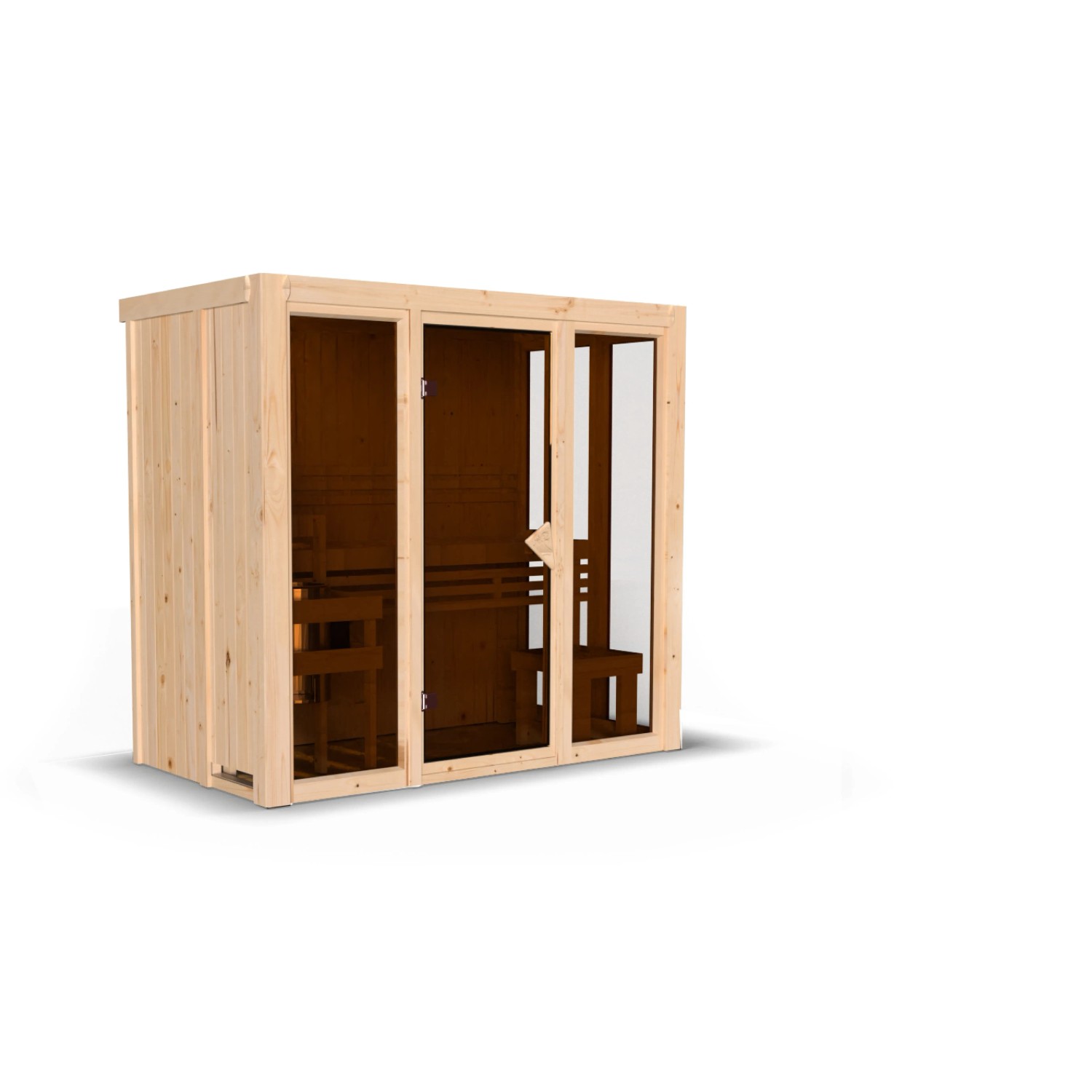 Karibu Sauna Vaira 2 mit Ganzglasfront, naturbelassen. Massivholzsauna mit Glastür und Bänken.