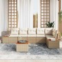 Beiges 7-teiliges vidaXL Garten-Sofa-Set aus Poly Rattan mit Kissen und Tisch.