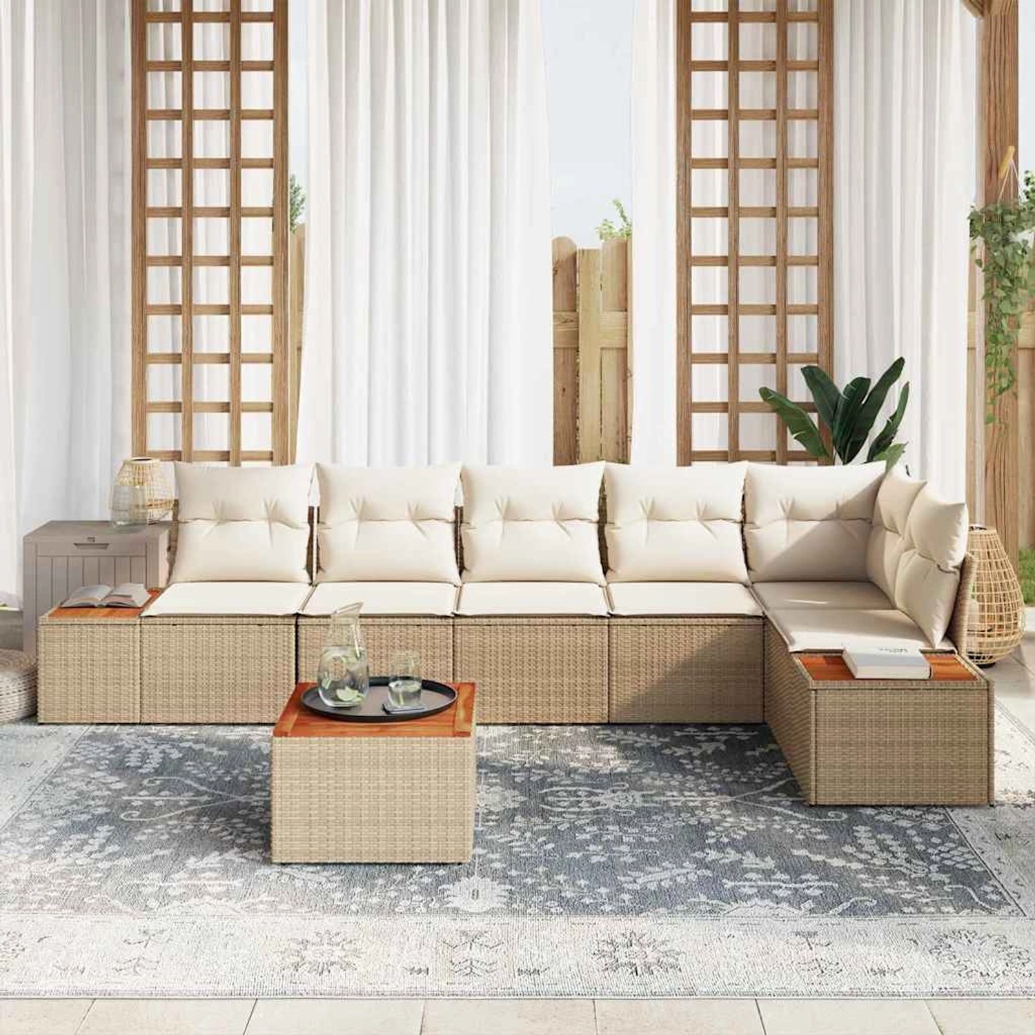 Beiges 7-teiliges vidaXL Garten-Sofa-Set aus Poly Rattan mit Kissen und Tisch.