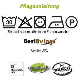 Pflegehinweise für Bestlivings Kissenhülle Ellen: Waschen, nicht bleichen, trocknen, bügeln, chemische Reinigung möglich.