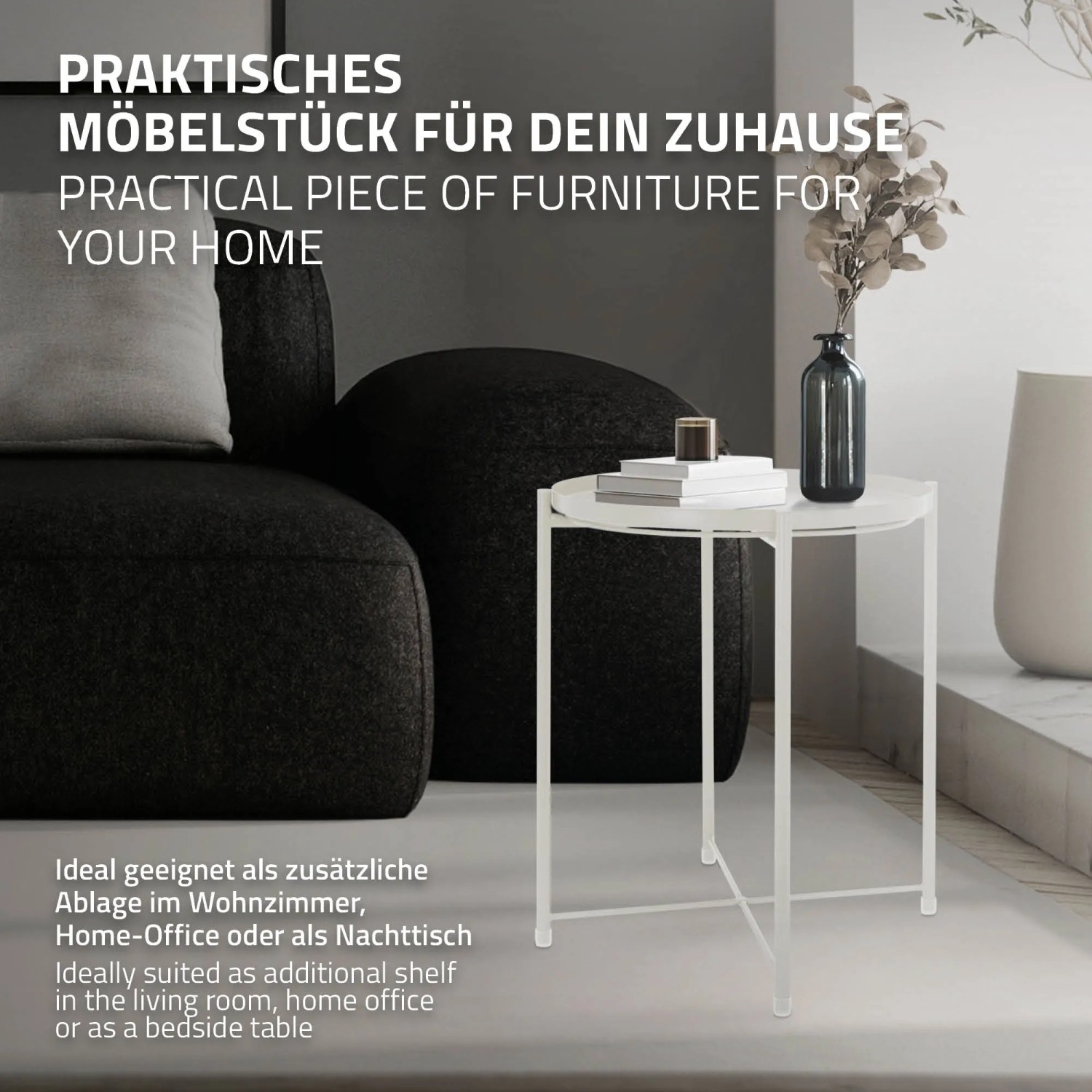 Weißer, runder ML-Design Beistelltisch mit abnehmbarem Tablett aus Metall, 45x52cm.