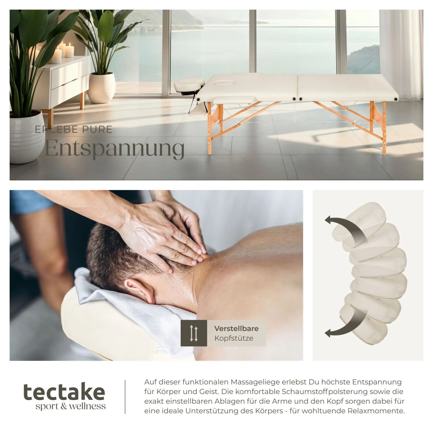 Beige Massageliege Freddi von Tectake mit Holzgestell, extra Polsterung und Tragetasche.