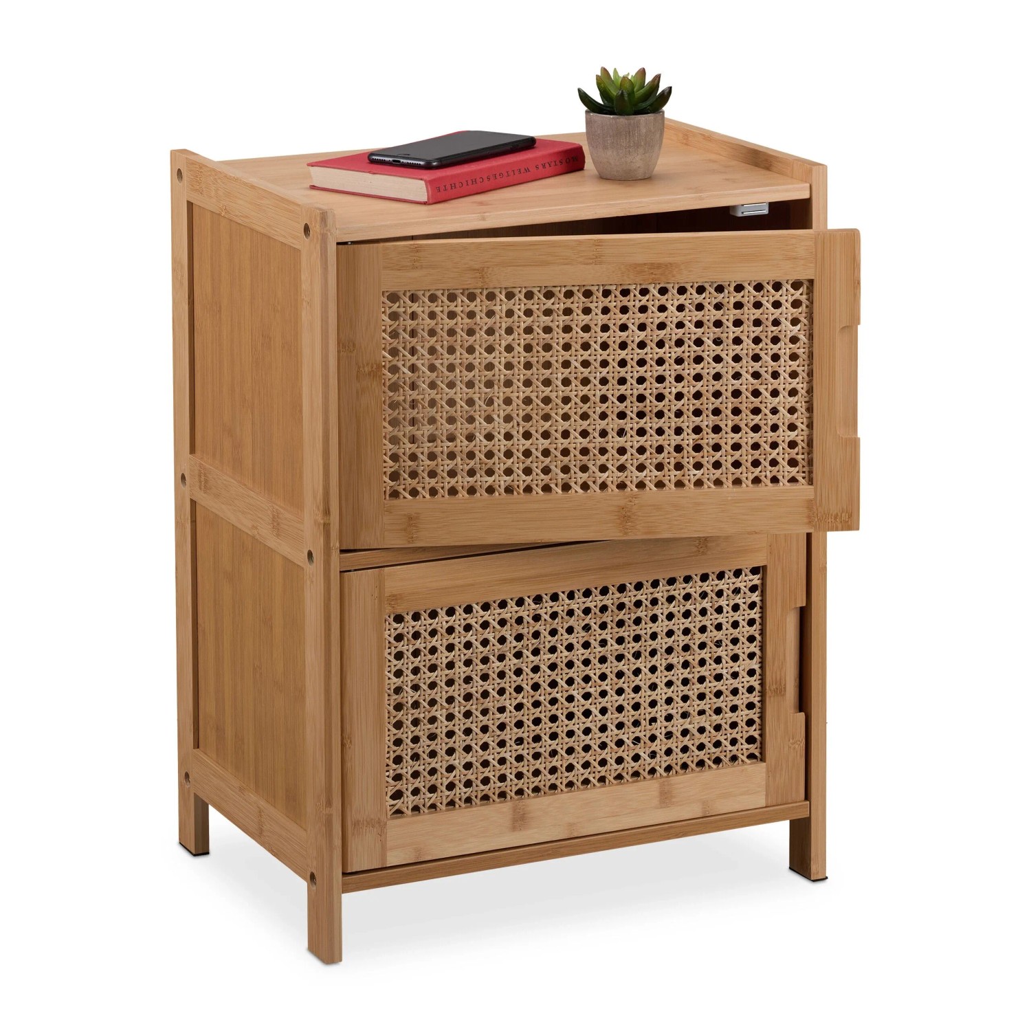 Relaxdays Beistellschrank Bambus Rattan MDF Natur mit 2 Türen 56 cm x 42 cm x 30 cm 5,7 kg