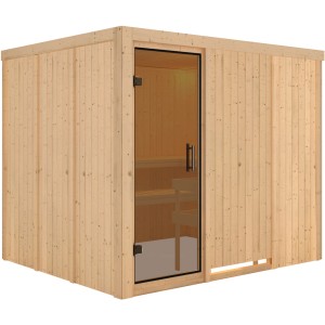 Karibu Sauna Gunda Natur: Elementsauna aus naturbelassener Fichte mit Glastür und Liegen.