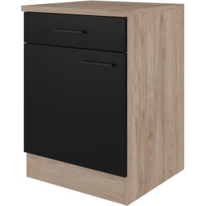 Flex-Well Unterschrank Capri, 60 cm, Schwarz Matt/Endgrain Oak, mit Schublade und Drehtür.