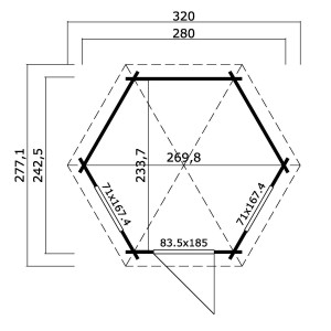 Grundriss Pavillon Inverness 44, Schwedenrot, 280x242 cm, sechseckig mit Maßen.