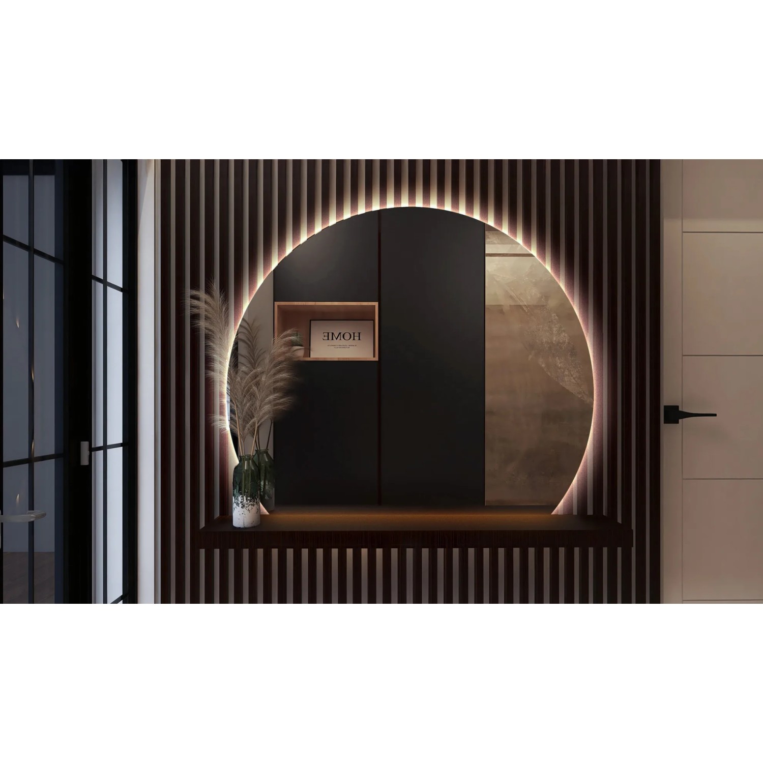 Tulup runder LED Spiegel mit neutralweißem Licht an dunkler Wand. Modernes Design für Bad oder Flur.