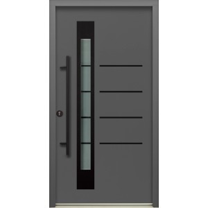 Moderne, anthrazit-schwarze Splendoor Thermospace Haustür Berlin Prime mit Glaseinsatz und Edelstahlgriff.