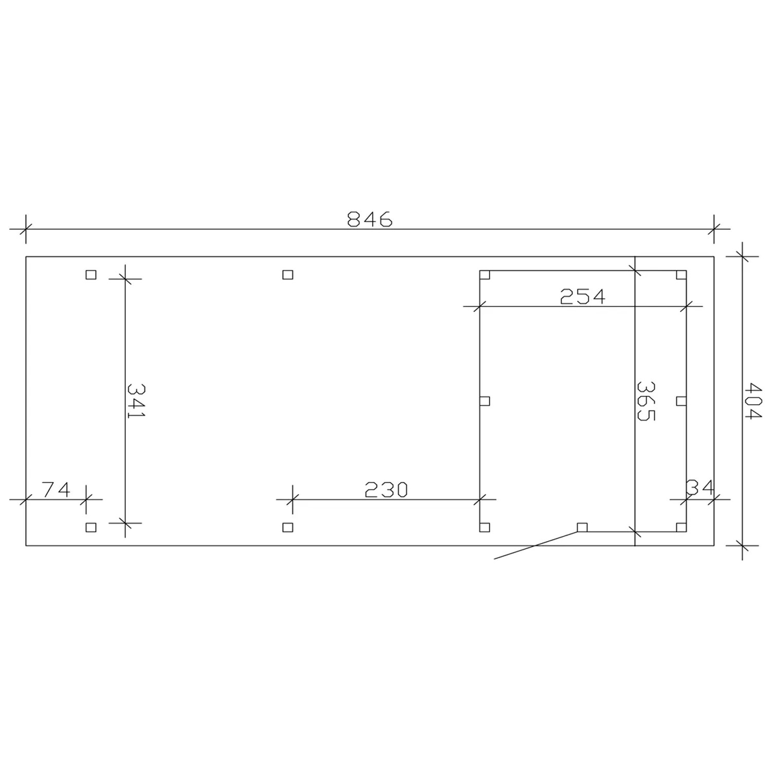 Skizze des Skan Holz Flachdach-Einzelcarports Emsland 404x846cm mit Abstellraum, Maße in cm.