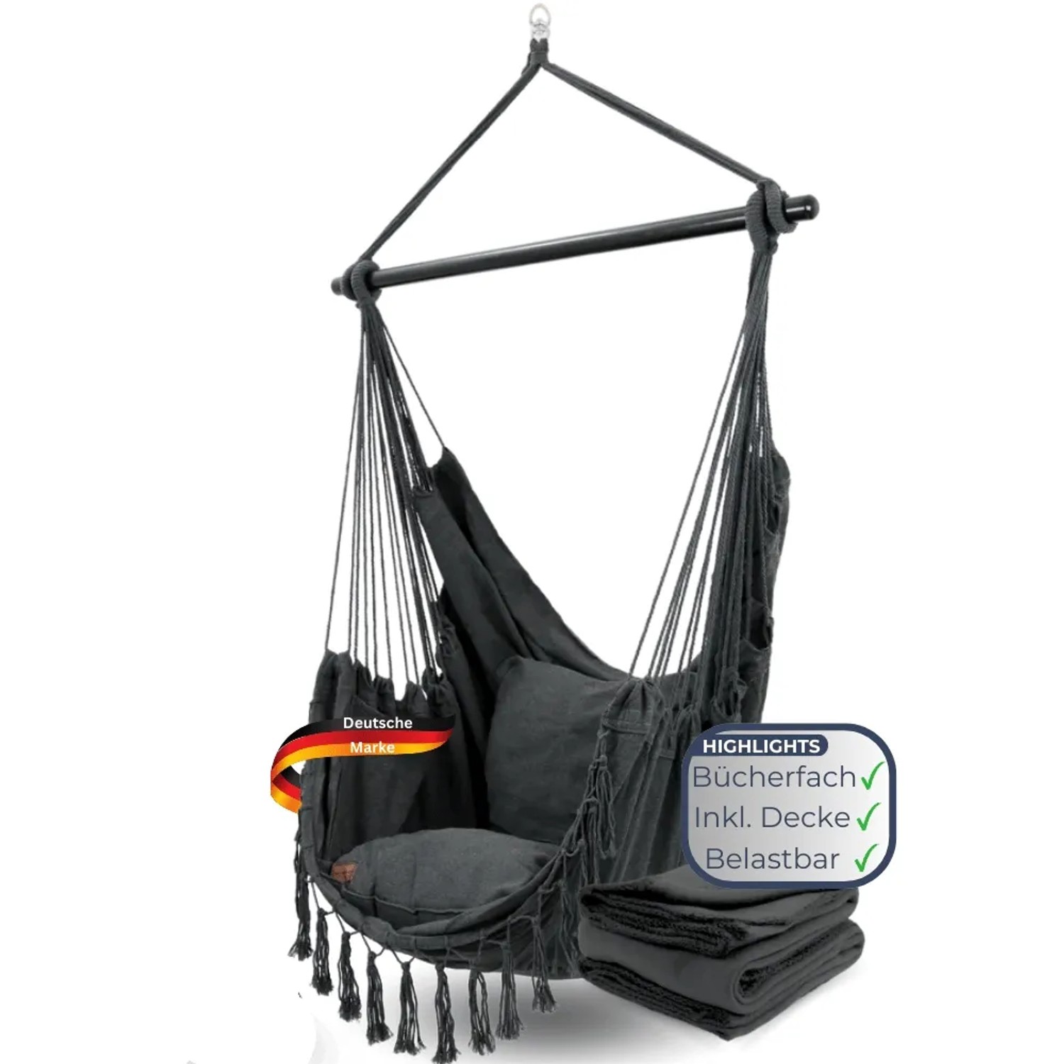 DELUKE Hängesessel Indoor ohne Gestell MELA Mit Kuscheldecke Bücherfach Hängestuhl mit Kissen Hängeschaukel Outdoor bis 120kg Anthrazit_7