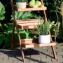 Klappbare, braune Dobar Blumentreppe aus FSC®-Holz mit drei Ebenen für Garten oder Balkon.
