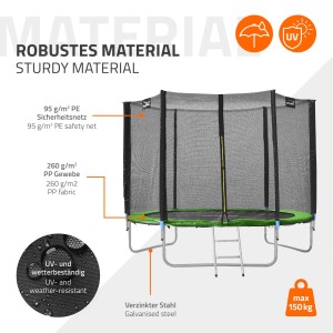 Grünes Hauki Gartentrampolin, 244 cm, mit Sicherheitsnetz und Leiter, belastbar bis 150 kg.