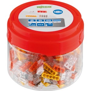 Wago Verbindungsklemmen, 100 Stk. im Vorratsbehälter, für sichere Elektroinstallation.