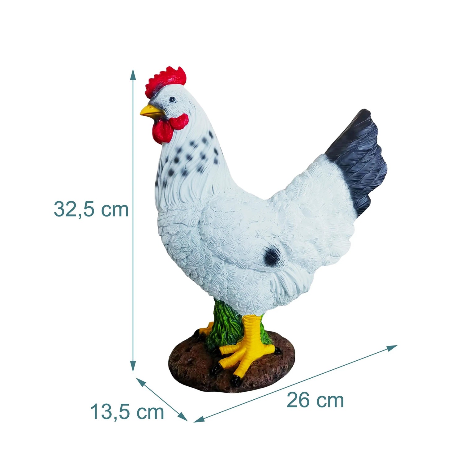 Dekorative Gartenfigur Huhn aus Polyresin, weiß mit schwarzen Punkten, rotem Kamm und gelben Füßen. 32,5 cm hoch.