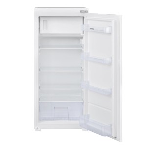 Offener, weißer Telefunken Einbaukühlschrank mit Gefrierfach, 122cm Nische, Schlepptür, leer.