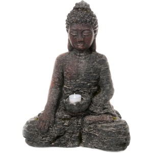 Graue Buddha Deko-Figur (43 cm) mit Teelichthalter für Garten & Terrasse.