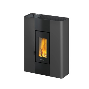 Freepoint Pelletofen Roxy, Stahl Anthrazit, 7 kW. Moderner Ofen mit Flamme im Sichtfenster.