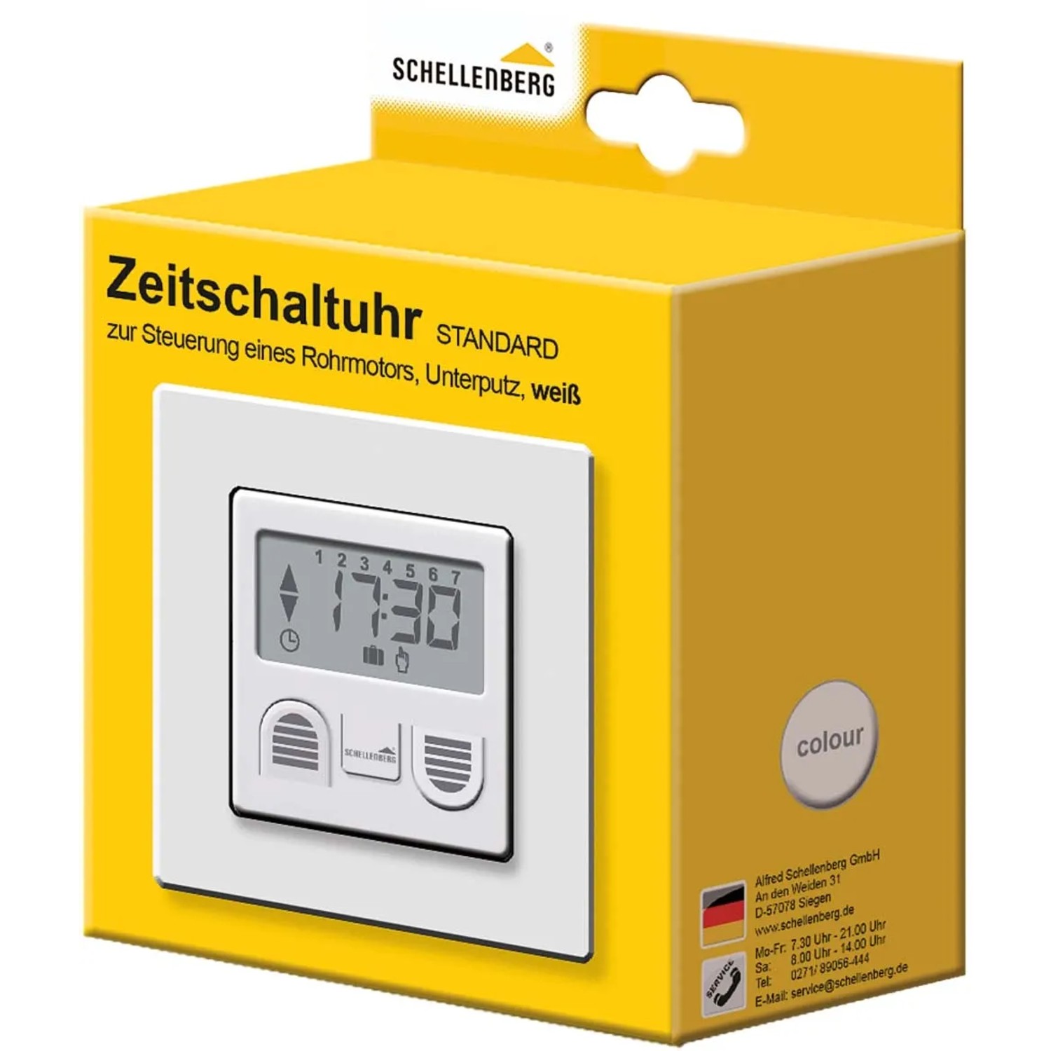 Schellenberg Rollladen Zeitschaltuhr Standard im Karton, weiße Steuerung mit Display.