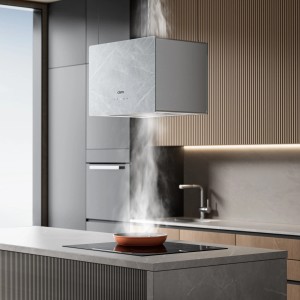 CIARRA Insel-Dunstabzugshaube VM4850W mit WIFI & Touch-Bedienung, Marmor-Optik, über Kochinsel.