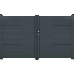 Graues Aluminium Gartentor Macae mit Griff und horizontalen Zierelementen.