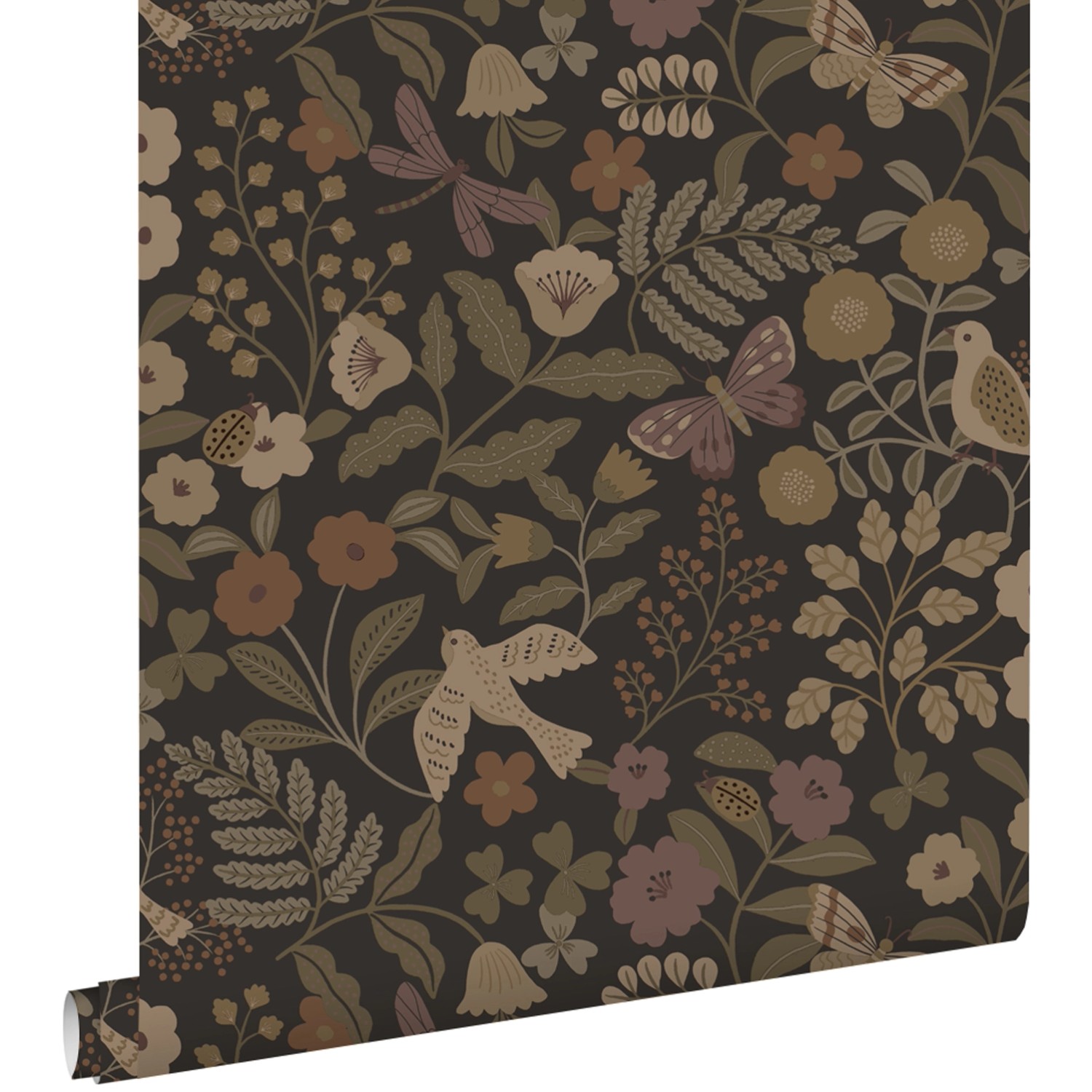 ESTAhome Tapete Blumen und Vögel Dunkelbraun Olivgrün und Violett 53 cm x 1 günstig online kaufen