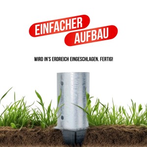 Hollmax Einschlagbodenhülse, 81 mm, feuerverzinkt im Boden. Einfache Montage.