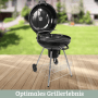 Schwarzer DELUKE Kugelgrill ENNO mit Ablage und Grillhandschuhen, Deckel geöffnet.