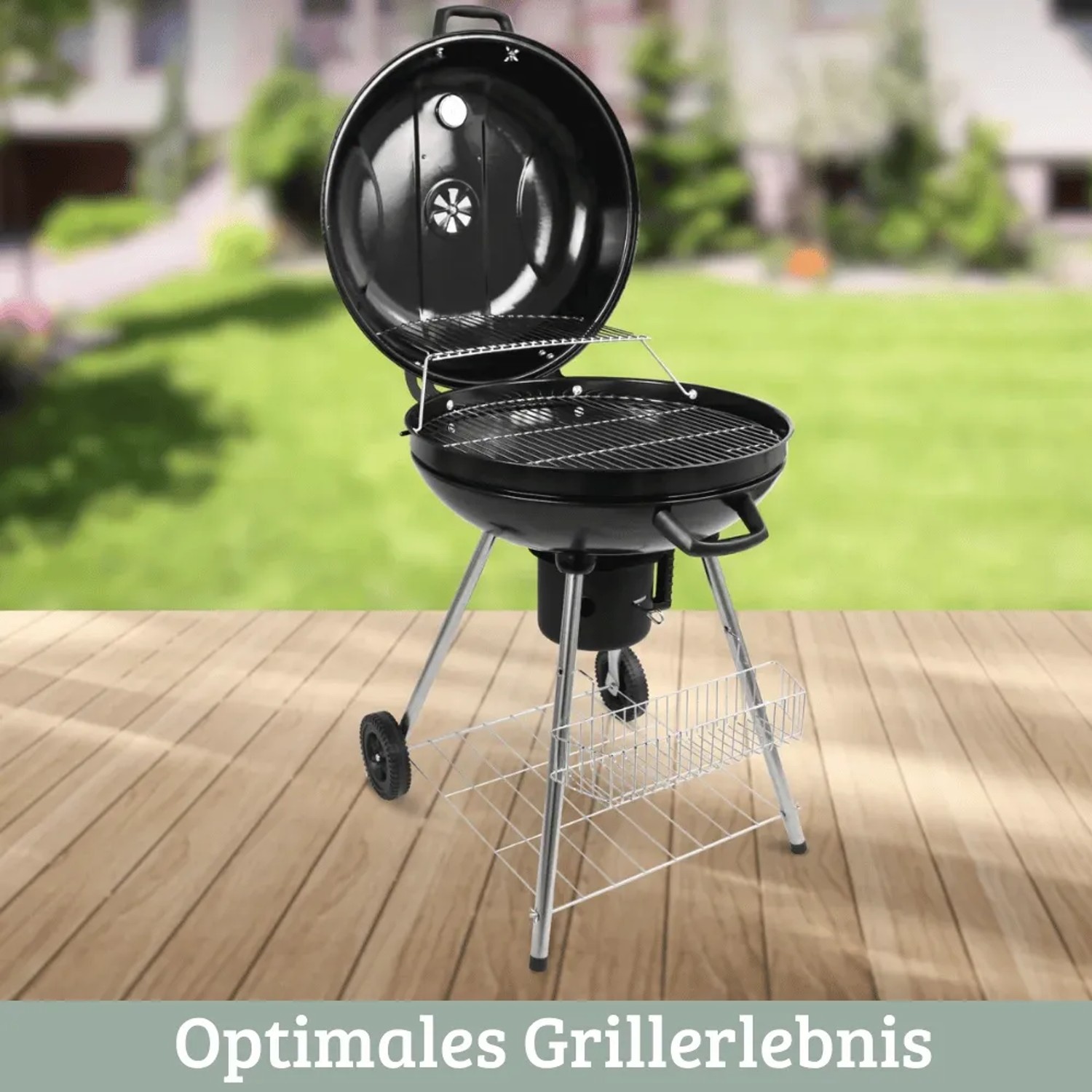 Schwarzer DELUKE Kugelgrill ENNO mit Ablage und Grillhandschuhen, Deckel geöffnet.