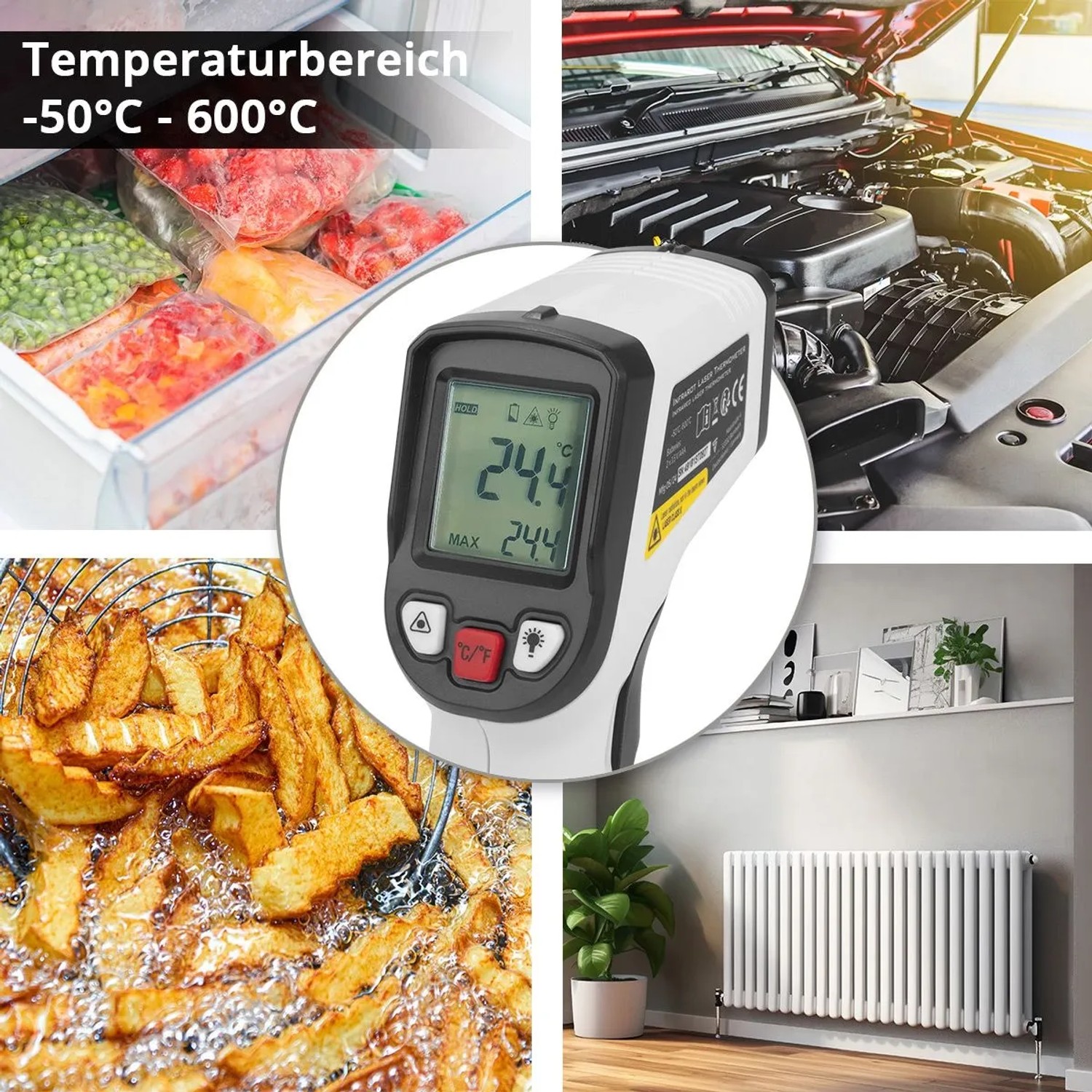 STAHLWERK Infrarot-Laser-Thermometer ILT-600 ST misst Temperaturen von -50°C bis 600°C an Gefriergut, Motor, Öl, Heizung.