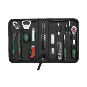 Offene schwarze BOSCH Werkzeugtasche mit 44-tlg. DIY Handwerkzeugen: Zange, Flaschenöffner, Messer, Ratsche, Bits, Steckschlüssel.