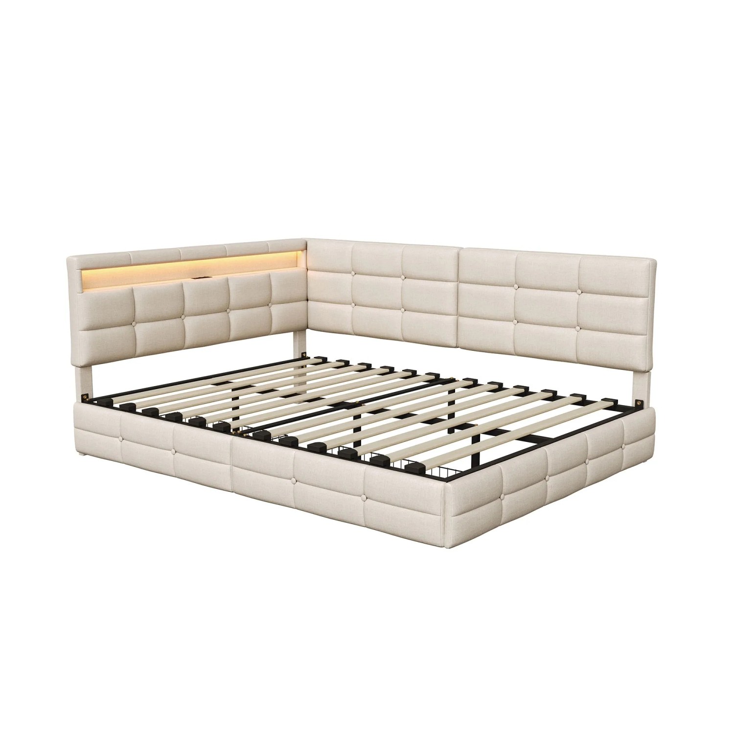 Polsterbett 140x190cm Doppelbett mit LED Ladeanschluss und Stauraumkopfteil Beige