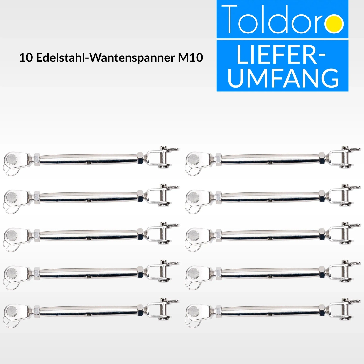 Set aus 10 Toldoro M10 Wantenspannern aus rostfreiem Edelstahl V4A für Seile & Sonnensegel.