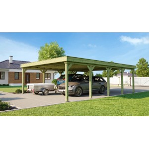 WEKA Doppelcarport aus Holz mit Stahltrapezblechdach, zwei Autos und Anhänger
