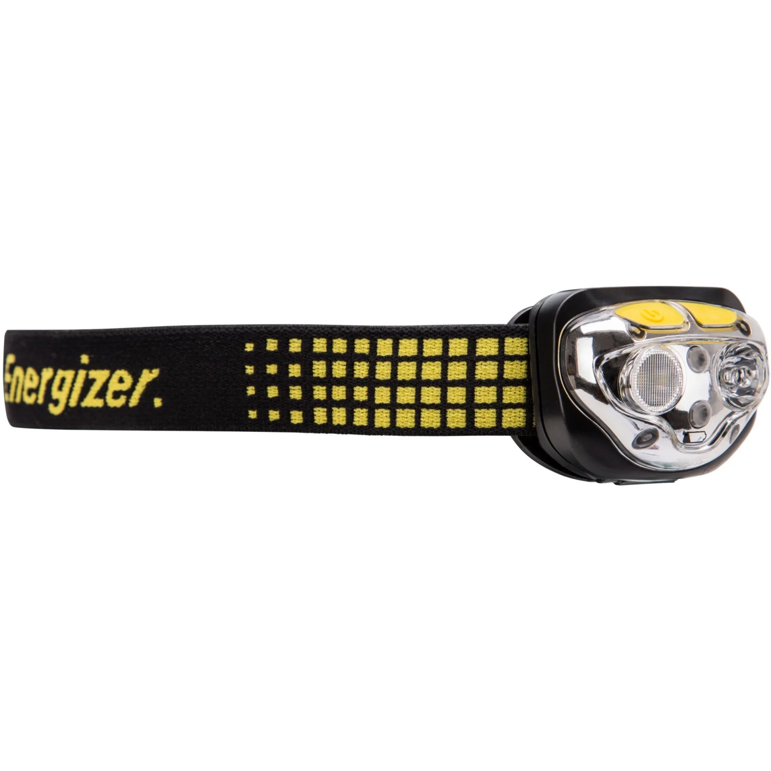 Energizer Vision Ultra Kopflampe mit schwarzem Stirnband und gelben Akzenten.