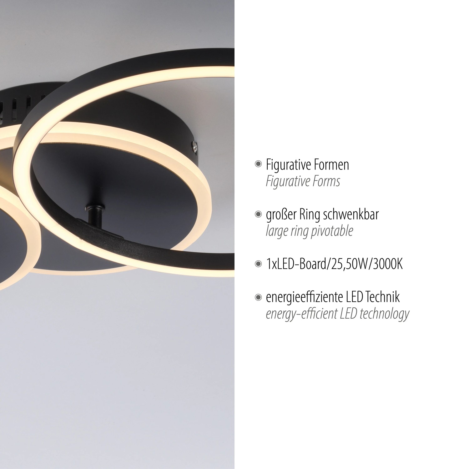 Moderne, schwarze LED-Deckenleuchte Sevent mit schwenkbaren Ringen für Wand- und Deckenmontage.