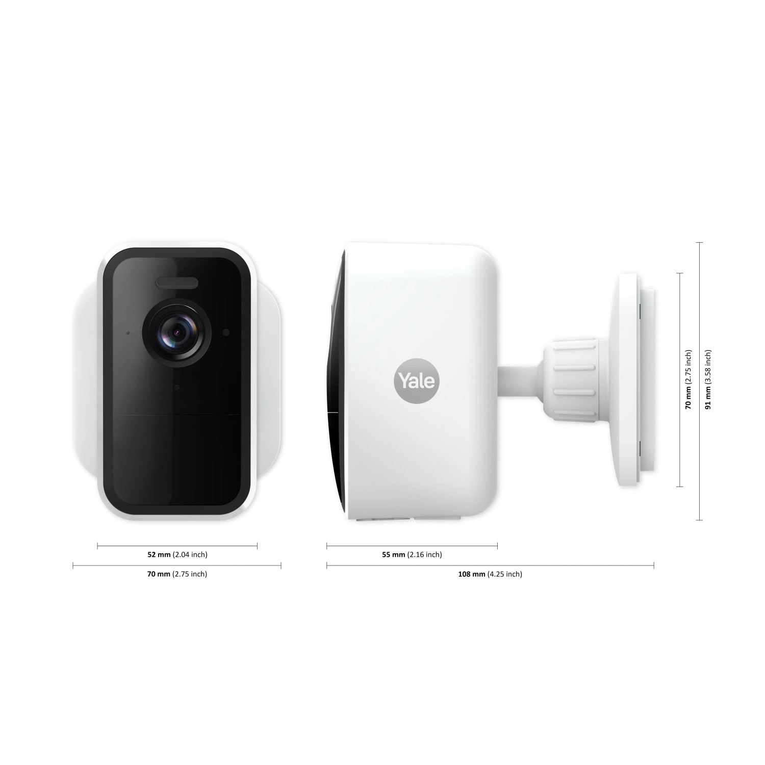 Yale Akku-Überwachungskamera Smart-Camera für den Außenbereich, weiße Ausführung mit Maßen.