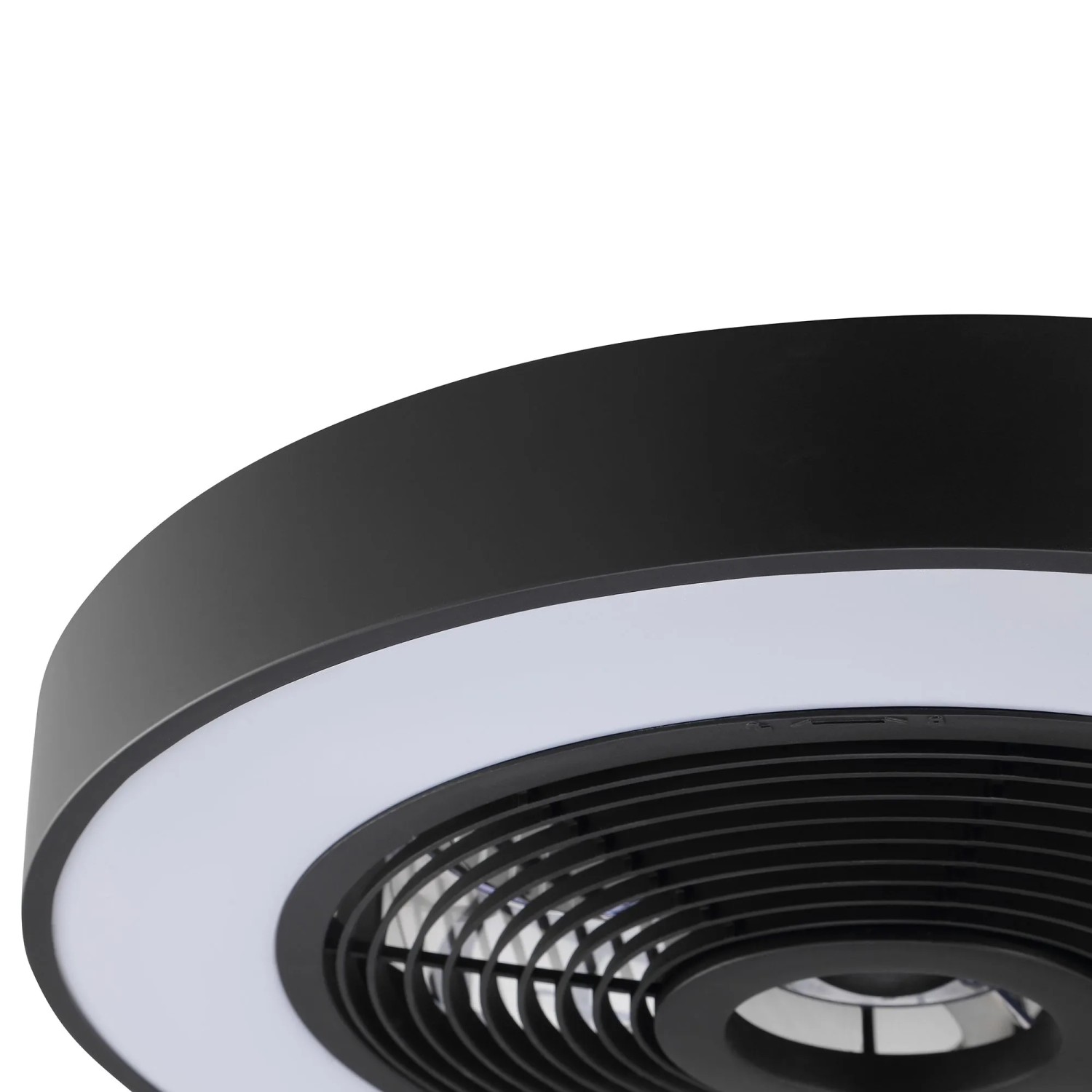 Schwarze LED-Deckenleuchte Catania mit Ventilator und umlaufendem LED-Band.