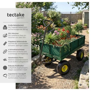 Grüner Tectake Bollerwagen mit Luftreifen und klappbaren Seitenwänden im Garten.