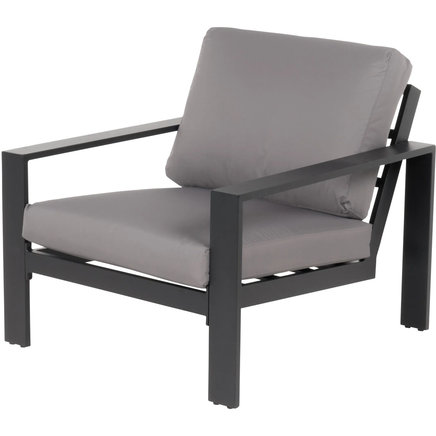Sessel des Home Deluxe Lounge-Sets Rio L, Aluminium schwarz, Kissen hellgrau. Gartenmöbel für Terrasse und Garten.